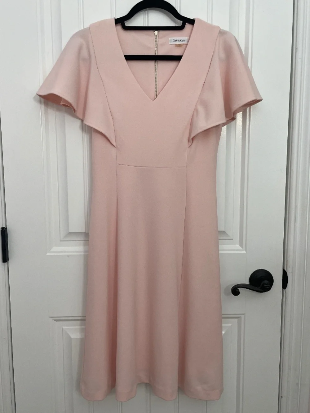 Calvin Klein Light Pink V-Neck Fit & Flare Flutter Sleeve Dress Size 2